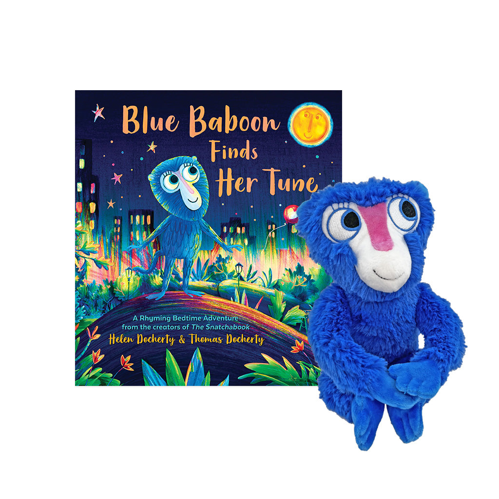 MerryMakers 12" Blue Baboon Finds Her Tune Plush with hardcover book is based on the bedtime picture book by Helen and Thomas Docherty