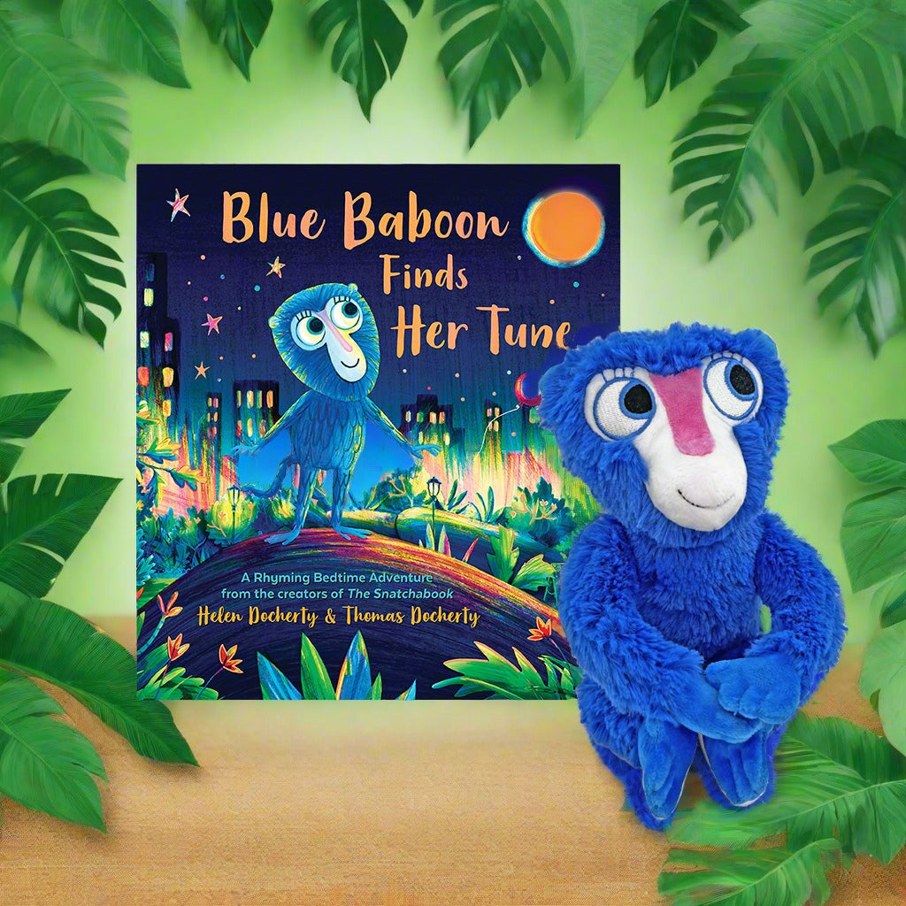 MerryMakers Blue Baboon Finds Her Tune 12" Plush Monkey with hardcover book by Helen and Thomas Docherty