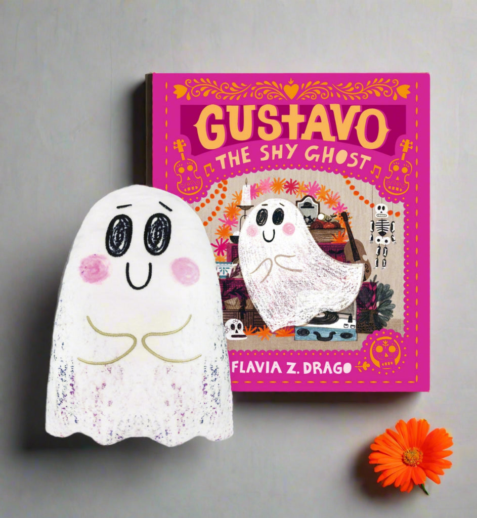 MerryMakers Gustavo the Shy Ghost 10" Plush Puppet with hardcover book by Flavia Z. Drago