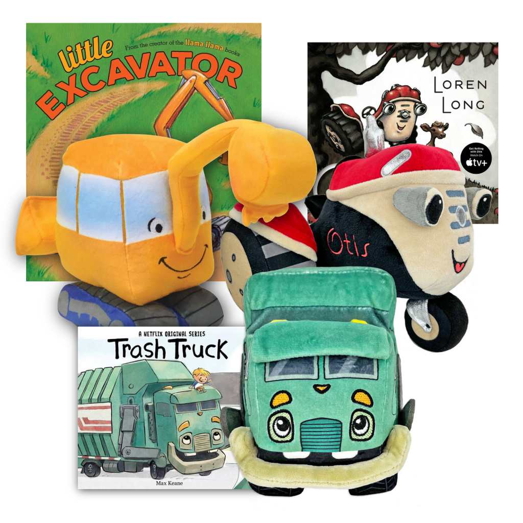 On the Move Gift Set with books - Little Excavator Plush and hardcover book, Otis the Tractor Plush and board book, Trash Truck Plush and board book