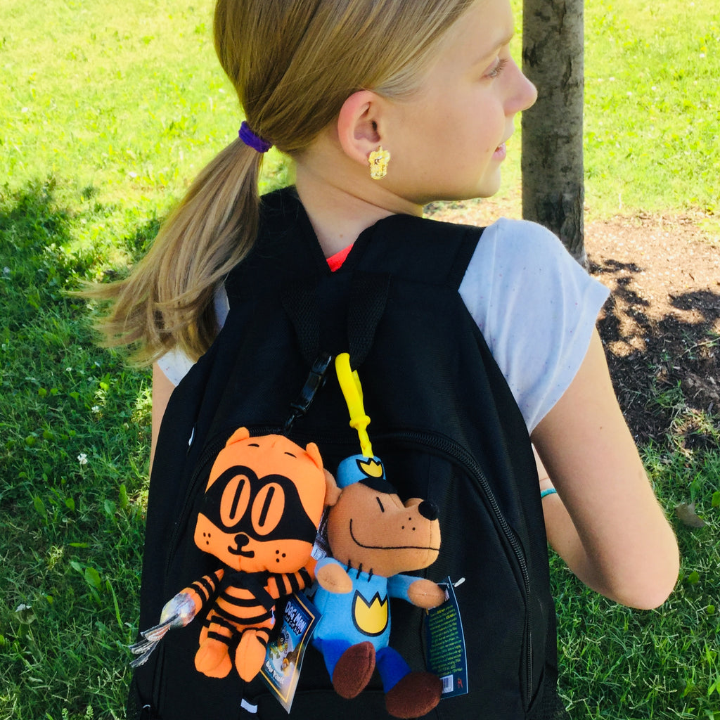 MerryMakers Dog Man and Cat Kid Backpack Pull on girl wearing backpack