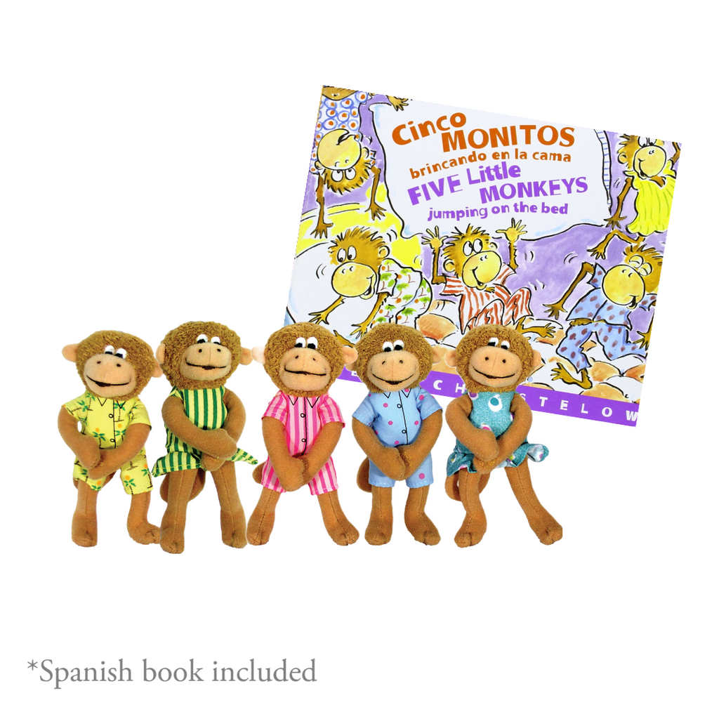 MerryMakers 5" Five Little Monkeys Finger Puppet Playset with Spanish Board Book, based on the book Cinco Monitos Brincando En La Cama by Eileen Christenson
