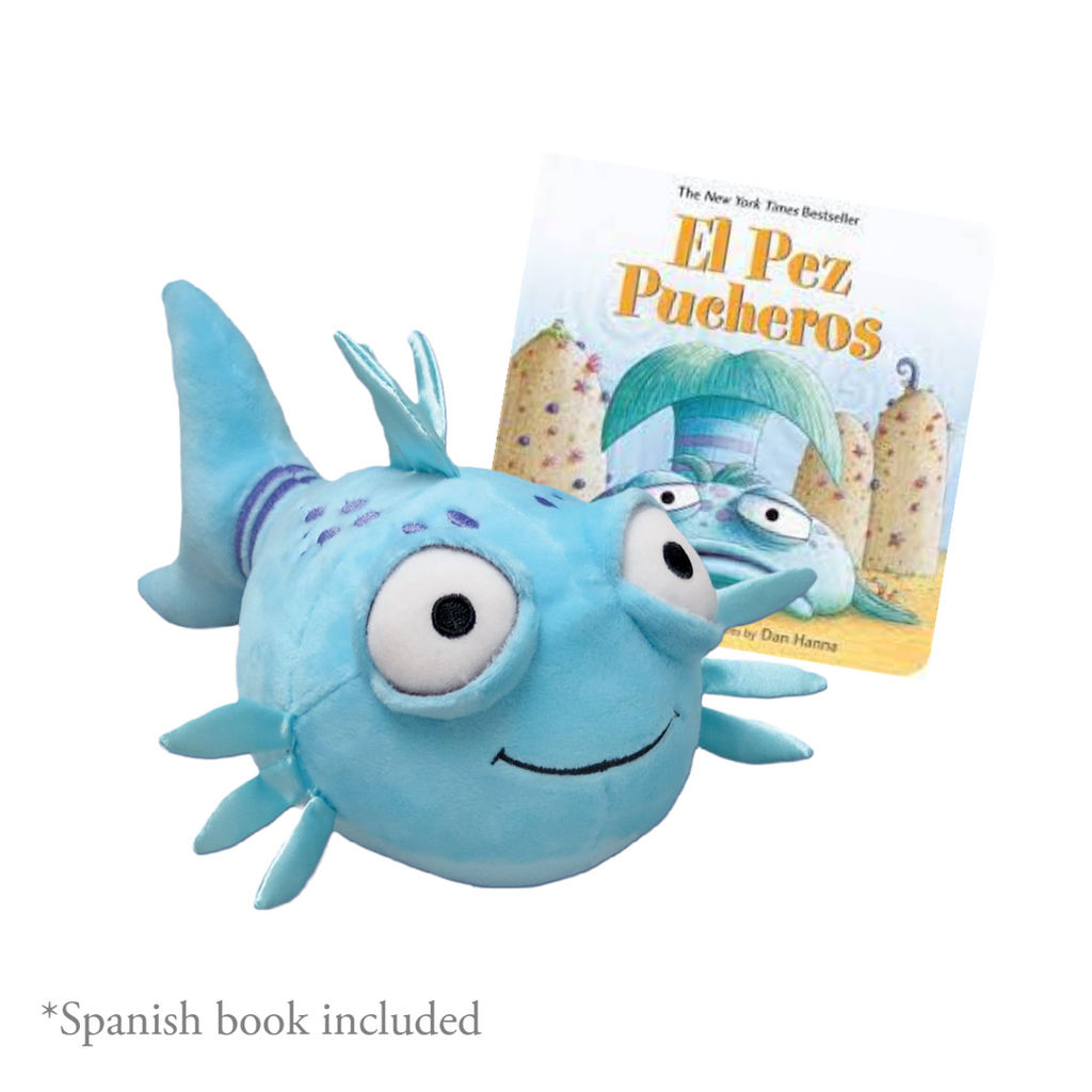MerryMakers 9.5" Pout-Pout Fish Doll and Spanish Book Gift Set, based off of the book El Pez Pucheros by Deborah Diesen