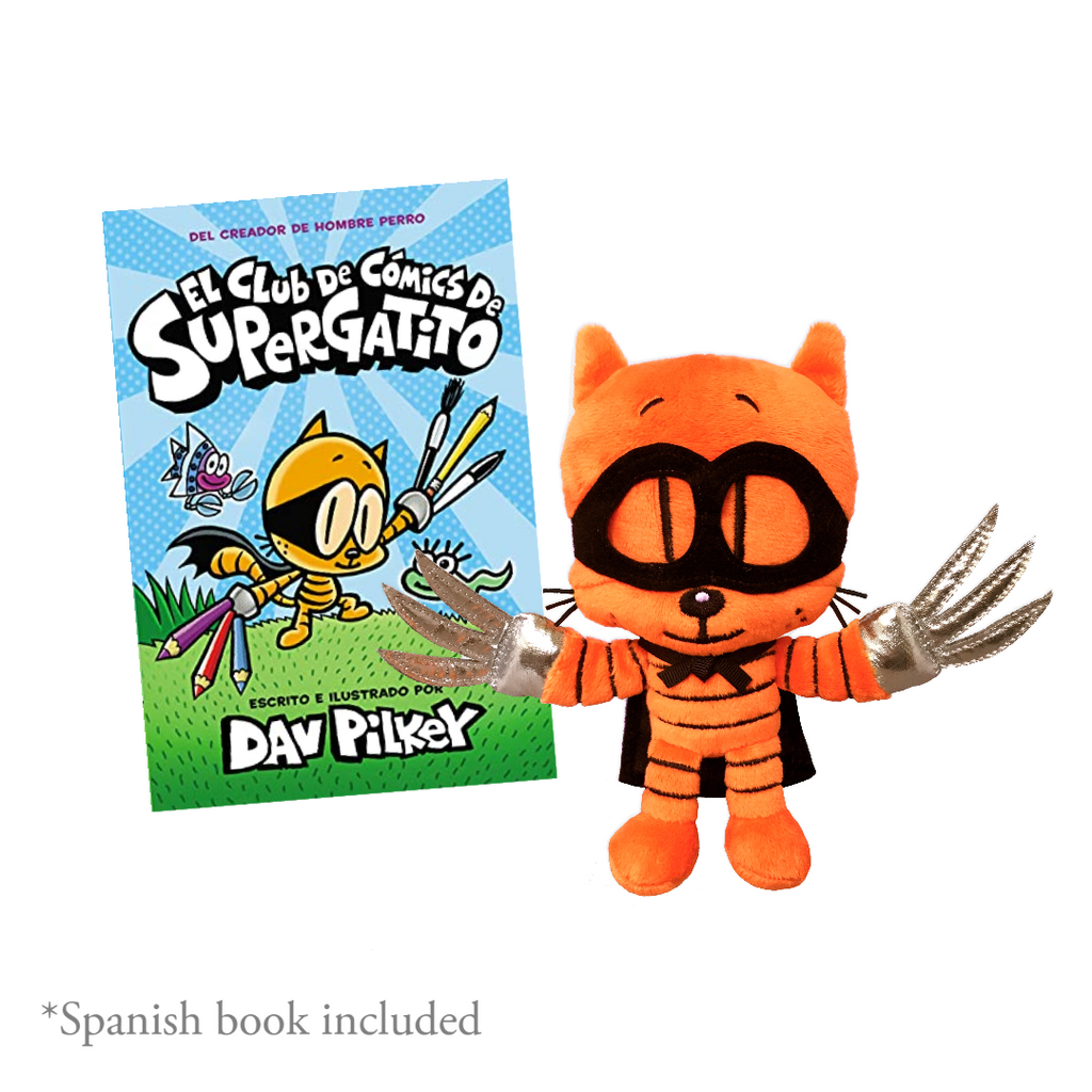 MerryMakers 6.5" Dog Man's Cat Kid Doll with Spanish Book Gift Set, based on the book EL CLUB DE COMICS DE SUPERGATITO by Dav Pilkey